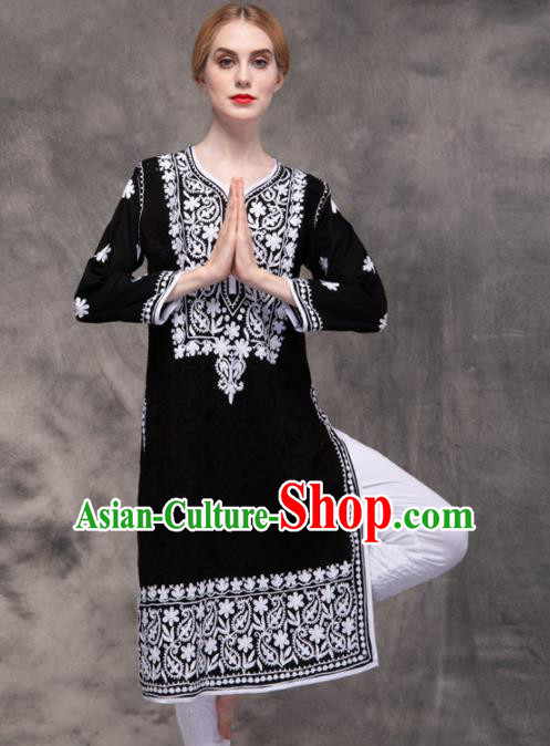 South Asian India Traditional Yoga Costumes Asia Indian National Punjabi Black Blouse and Pants for Women
