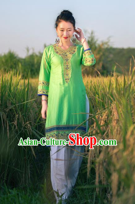 South Asian India Traditional Punjabi Costumes Asia Indian National Green Blouse and Pants for Women
