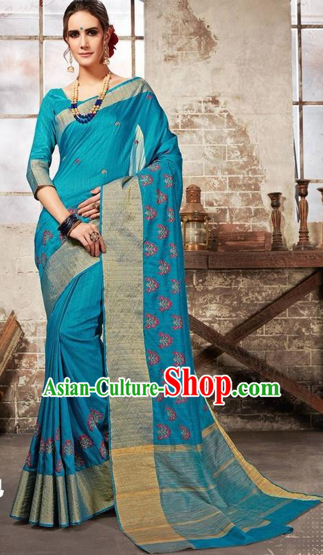 South Asian India Traditional Bollywood Blue Sari Dress Indian Court Wedding Bride Costume for Women