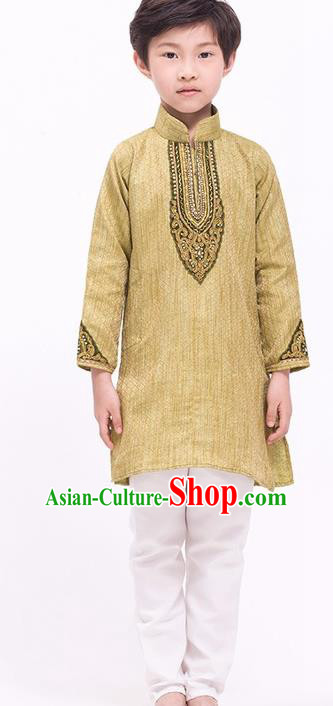 South Asian India Traditional Costume Golden Shirt and Pants Asia Indian National Suit for Kids