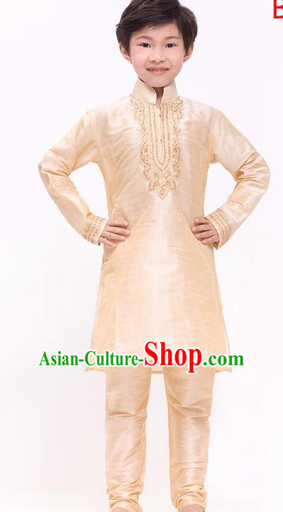 South Asian India Traditional Costume Champagne Shirt and Pants Asia Indian National Suit for Kids