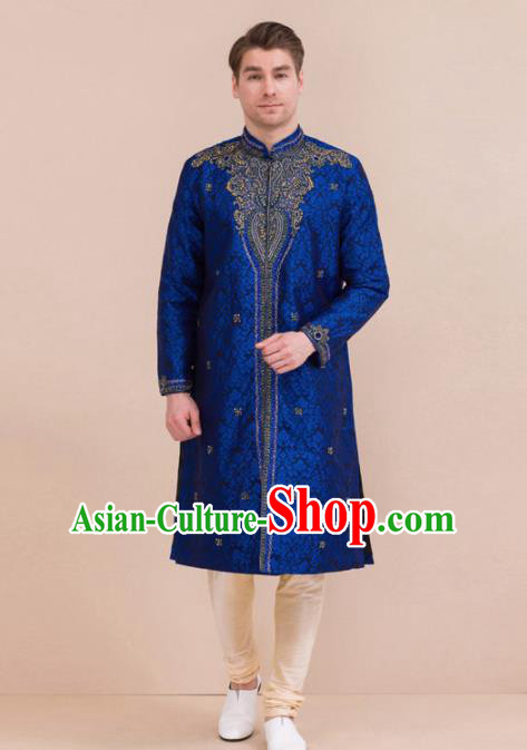 South Asian India Traditional Costume Royalblue Robe and Pants Asia Indian National Suit for Men