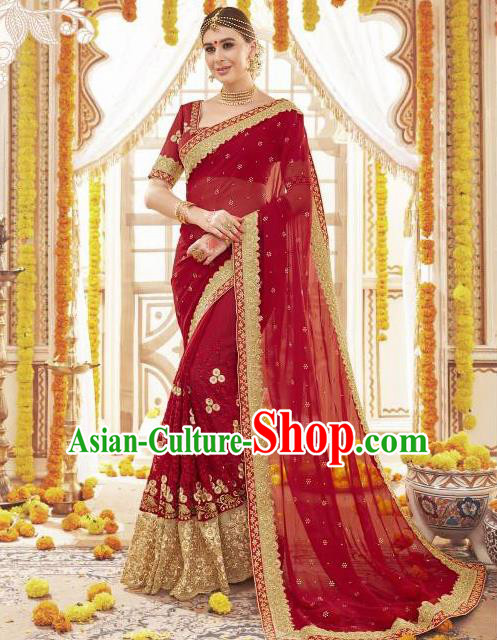 Asian India Traditional Wedding Sari Dress Indian Bollywood Court Bride Wine Red Costume for Women