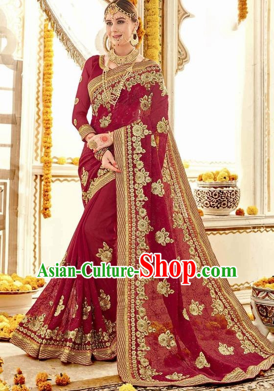 Asian India Traditional Court Wedding Sari Dress Indian Bollywood Bride Amaranth Costume for Women
