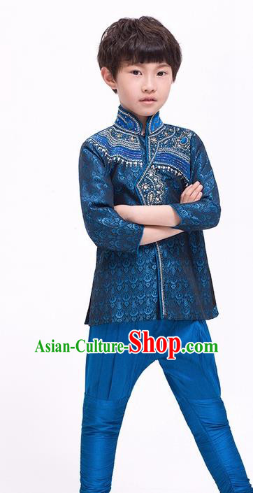 South Asian India Traditional Costume Navy Shirt and Pants Asia Indian National Suit for Kids