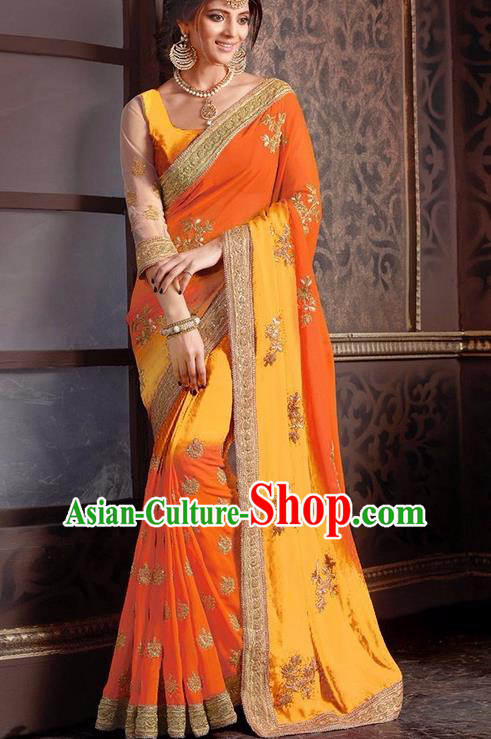 Indian Traditional Orange Sari Dress Asian India Court Princess Bollywood Embroidered Costume for Women