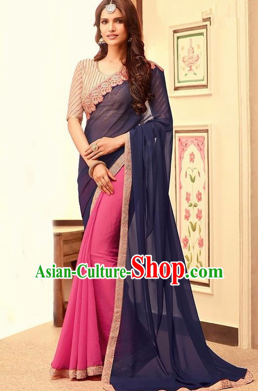 Indian Traditional Court Navy Blue Sari Dress Asian India Princess Bollywood Embroidered Costume for Women