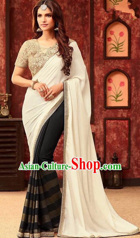 Indian Traditional Court White Sari Dress Asian India Princess Bollywood Embroidered Costume for Women