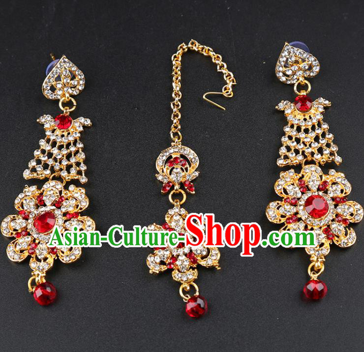 India Traditional Wedding Jewelry Accessories Indian Bollywood Red Crystal Tassel Earrings and Eyebrows Pendant for Women