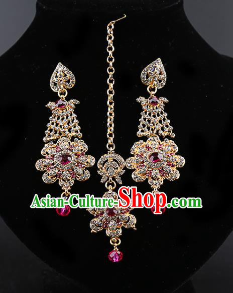 India Traditional Wedding Jewelry Accessories Indian Bollywood Rosy Crystal Tassel Earrings and Eyebrows Pendant for Women