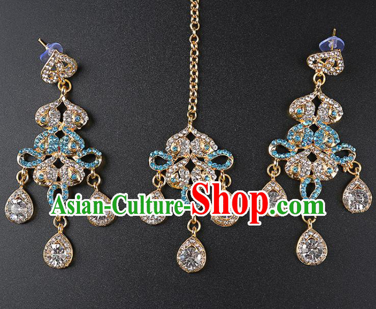 India Traditional Jewelry Accessories Indian Bollywood Princess Blue Crystal Tassel Earrings and Eyebrows Pendant for Women