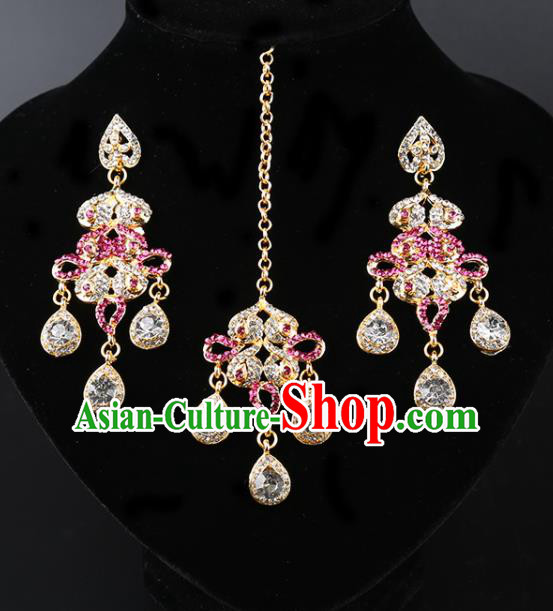 India Traditional Jewelry Accessories Indian Bollywood Princess Pink Crystal Tassel Earrings and Eyebrows Pendant for Women