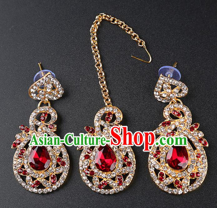 Indian Bollywood Princess Red Crystal Earrings and Eyebrows Pendant India Traditional Jewelry Accessories for Women