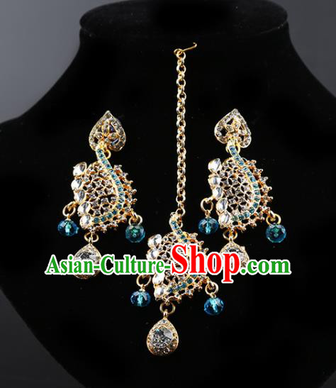 Indian Bollywood Blue Crystal Earrings and Eyebrows Pendant India Traditional Court Princess Jewelry Accessories for Women