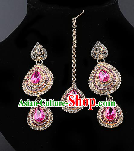 Indian Traditional Bollywood Pink Crystal Earrings and Eyebrows Pendant India Court Princess Jewelry Accessories for Women