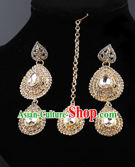 Indian Traditional Bollywood Crystal Earrings and Eyebrows Pendant India Court Princess Jewelry Accessories for Women
