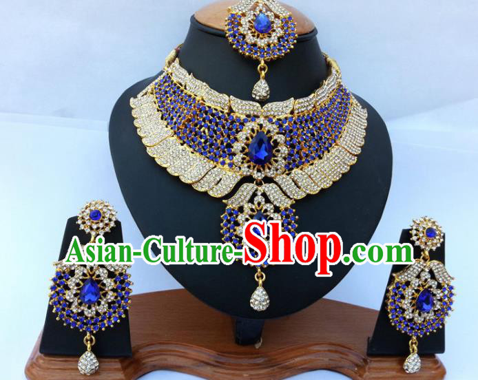 Asian India Traditional Royalblue Crystal Jewelry Accessories Indian Bollywood Necklace Earrings and Headwear for Women