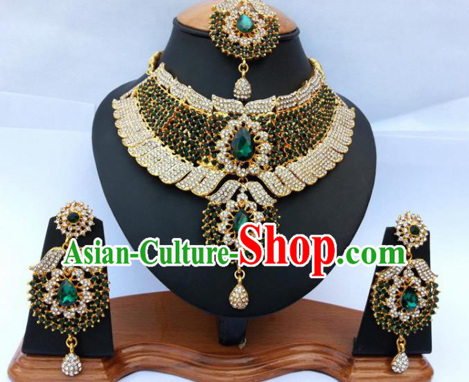 Asian India Traditional Green Crystal Jewelry Accessories Indian Bollywood Necklace Earrings and Headwear for Women