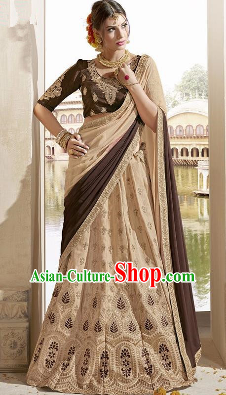 Asian India Traditional Bride Embroidered Khaki Sari Dress Indian Bollywood Court Queen Costume Complete Set for Women