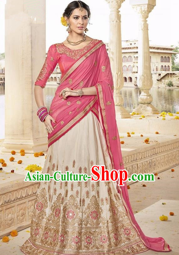 Asian India Traditional Bride Embroidered Beige Sari Dress Indian Bollywood Court Queen Costume Complete Set for Women