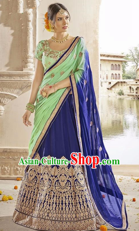 Asian India Traditional Bride Embroidered Royalblue Sari Dress Indian Bollywood Court Queen Costume Complete Set for Women