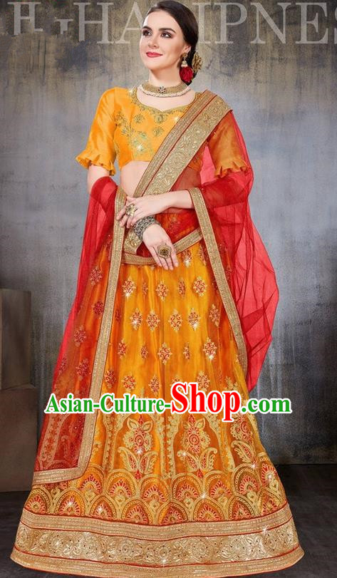 Asian India Traditional Wedding Bride Embroidered Orange Sari Dress Indian Bollywood Court Queen Costume Complete Set for Women