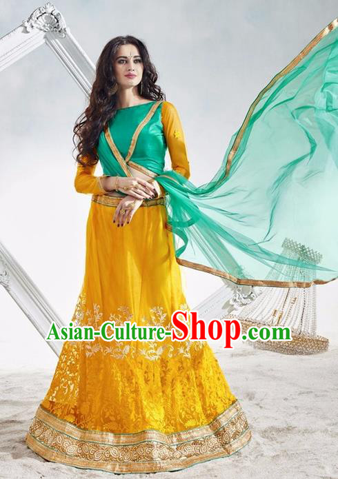 Asian India Traditional Wedding Bride Embroidered Yellow Lace Sari Dress Indian Bollywood Court Queen Costume Complete Set for Women