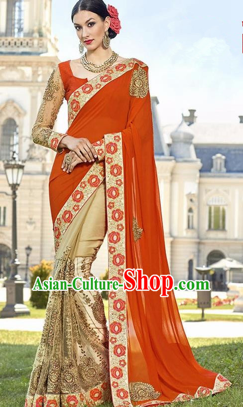 Asian India Traditional Orange Sari Dress Indian Bollywood Court Bride Costume Complete Set for Women