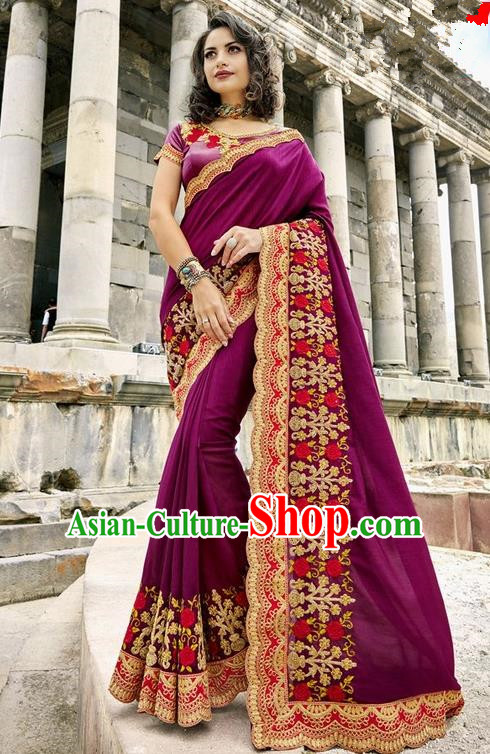 Asian India Traditional Court Princess Purple Sari Dress Indian Bollywood Bride Embroidered Costume for Women