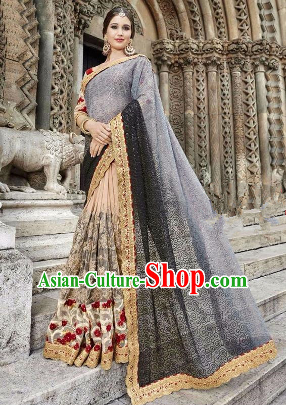 Asian India Traditional Court Princess Embroidered Champagne Sari Dress Indian Bollywood Bride Costume Complete Set for Women