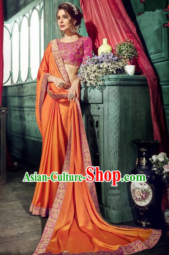 Asian India Traditional Court Princess Orange Sari Dress Indian Bollywood Bride Embroidered Costume for Women