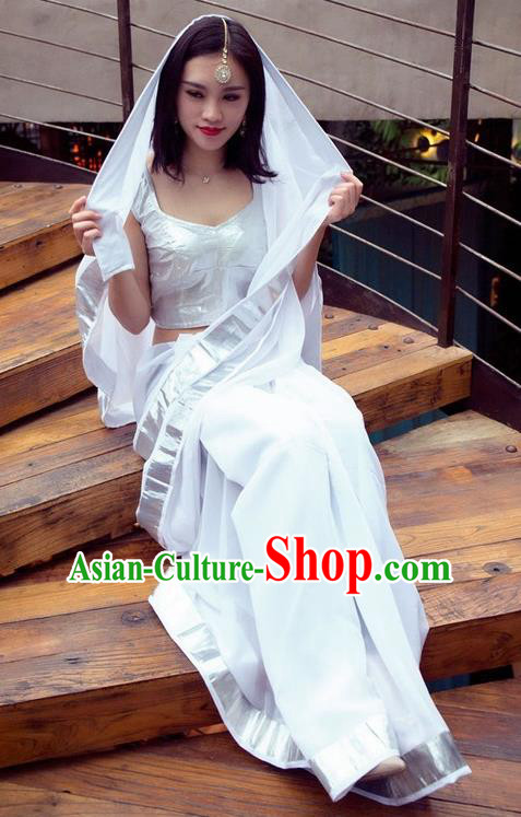Indian Traditional Royal Princess White Sari Dress Asian India Bollywood Embroidered Costume for Women