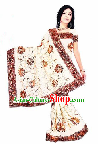 Indian Traditional White Sari Dress Asian India Bollywood Royal Princess Embroidered Costume for Women