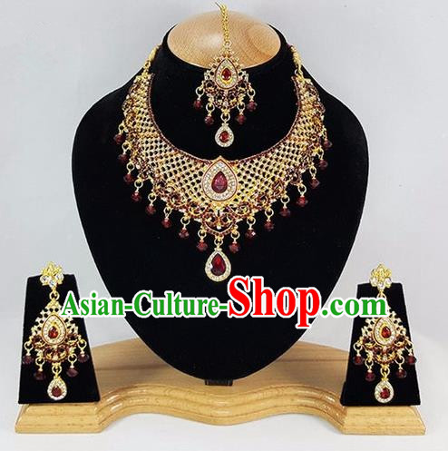 Indian Traditional Bollywood Purple Crystal Tassel Necklace Earrings and Eyebrows Pendant India Princess Jewelry Accessories for Women
