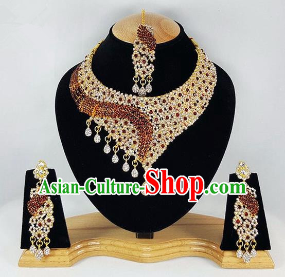 Traditional Indian Bollywood Crystal Tassel Necklace Earrings and Eyebrows Pendant India Princess Jewelry Accessories for Women