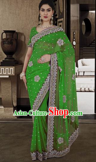 Indian Traditional Bollywood Green Veil Sari Dress Asian India Royal Princess Embroidered Costume for Women