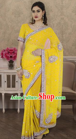Indian Traditional Bollywood Court Bright Yellow Sari Dress Asian India Royal Princess Costume for Women