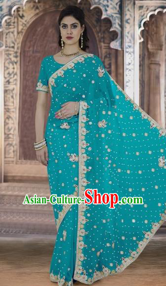 Indian Traditional Bollywood Court Blue Sari Dress Asian India Royal Princess Costume for Women