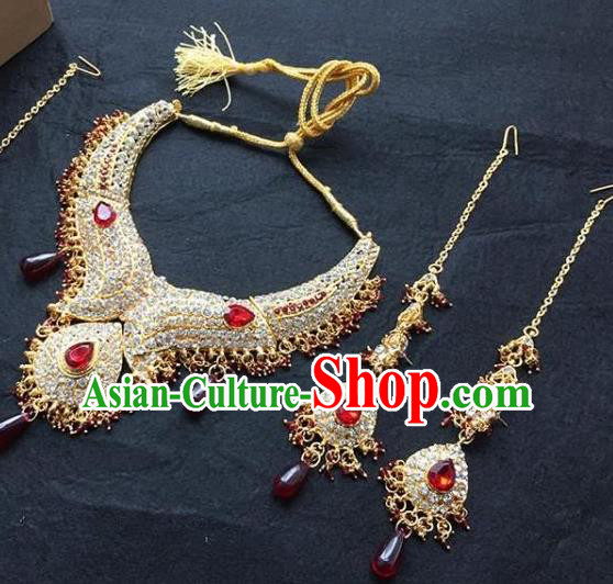 Traditional Indian Bollywood Jewelry Accessories India Princess Red Crystal Necklace Earrings and Eyebrows Pendant for Women