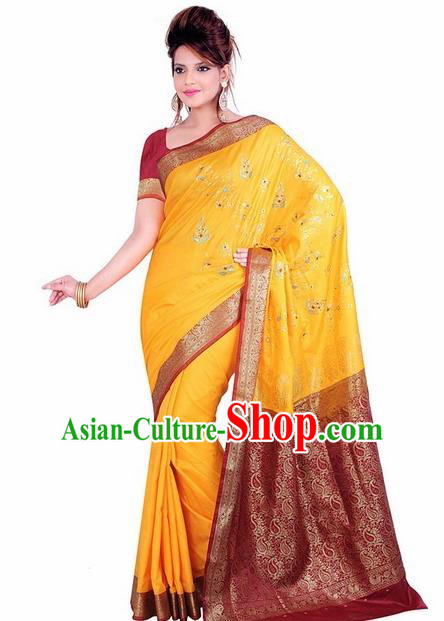 Indian Traditional Wedding Bride Golden Sari Dress Asian India Bollywood Costume for Women