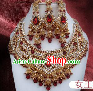 Traditional Indian Wedding Accessories Bollywood Red Crystal Necklace Earrings and Hair Clasp for Women
