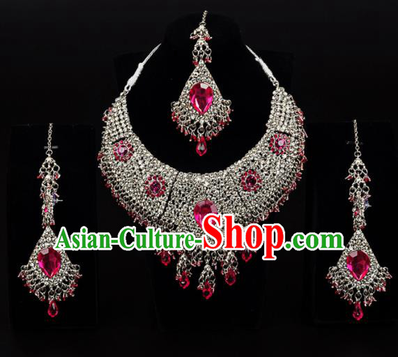 Traditional Indian Wedding Accessories Bollywood Princess Rosy Crystal Golden Necklace Earrings and Hair Clasp for Women