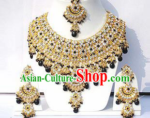 Traditional Indian Wedding Accessories Bollywood Princess Black Beads Necklace Earrings and Hair Clasp for Women