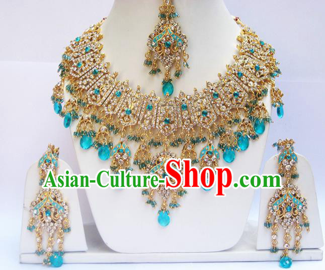 Traditional Indian Wedding Blue Beads Accessories Bollywood Princess Necklace Earrings and Hair Clasp for Women