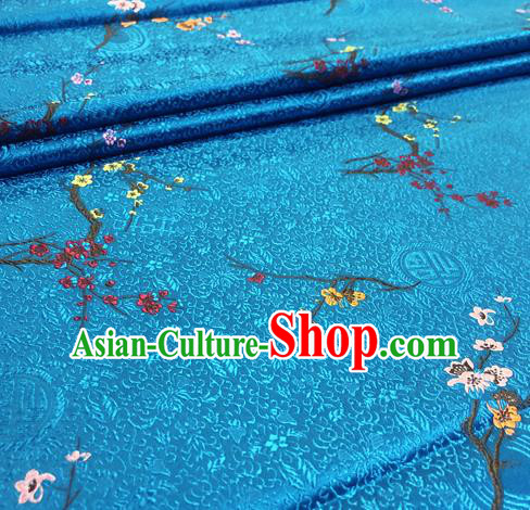 Chinese Traditional Hanfu Silk Fabric Classical Plum Blossom Pattern Design Blue Brocade Tang Suit Fabric Material