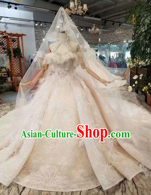 Customize Handmade Princess Feather Trailing Dress Wedding Court Bride Costume for Women
