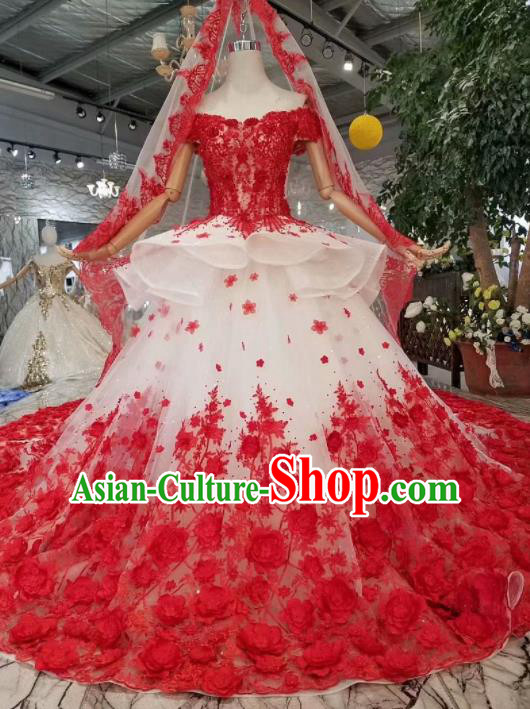 Top Grade Customize Catwalks Embroidered Red Flowers Full Dress Court Princess Waltz Dance Costume for Women