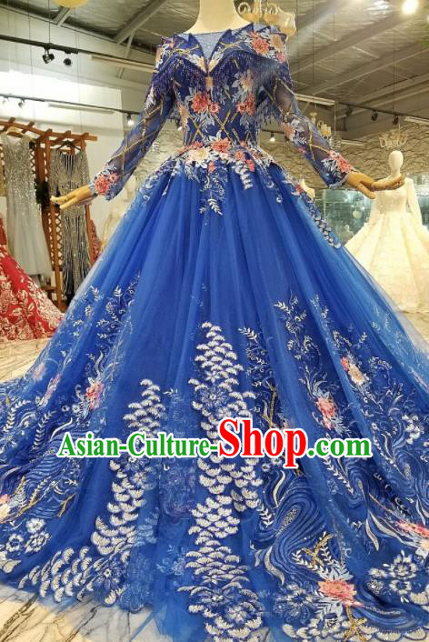 Top Grade Customize Catwalks Embroidered Royalblue Full Dress Court Princess Waltz Dance Costume for Women