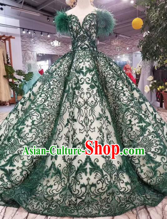 Top Grade Customize Catwalks Embroidered Green Lace Full Dress Court Princess Waltz Dance Costume for Women