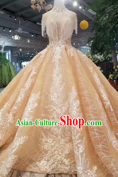 Customize Handmade Princess Champagne Trailing Dress Wedding Court Bride Costume for Women